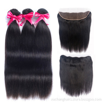 Wholesale Straight Raw Indian Hair Extensions 9A Grade 100 percent Human Hair Bundles With Lace Frontal Closure